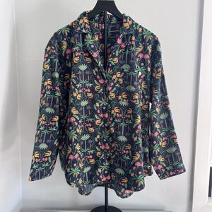 ONLY Tropical Floral Button Shirt Women L Navy Banana Palm Print Cotton